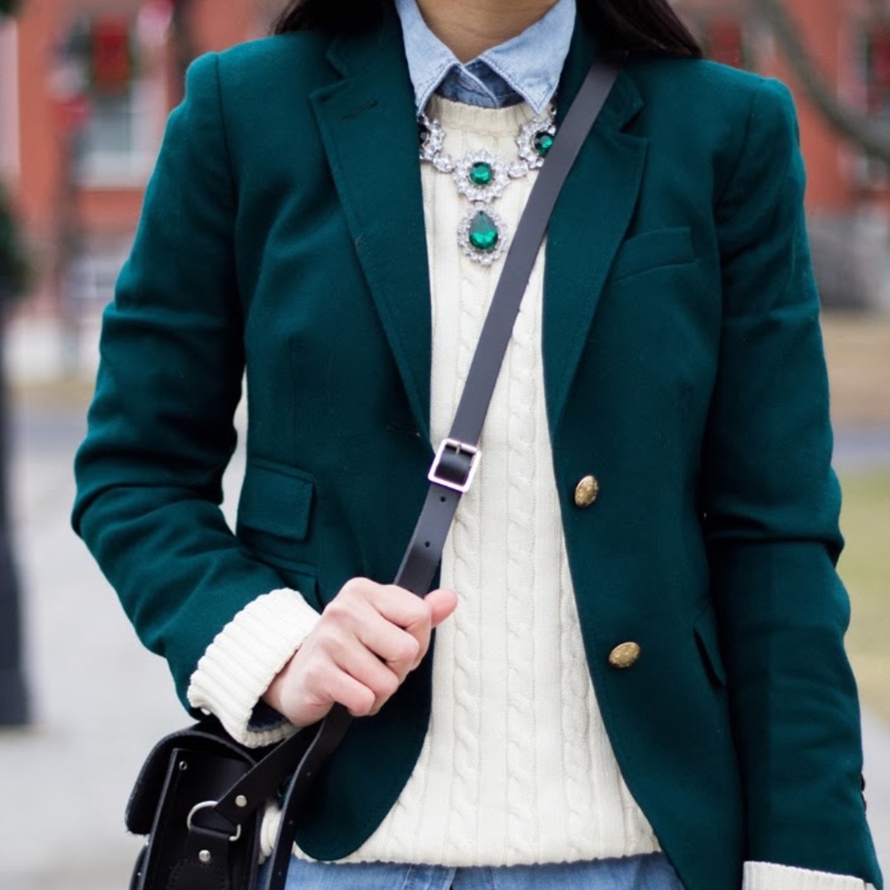 J. Crew Emerald Green Blazer with Cream Cable Knit Sweater
